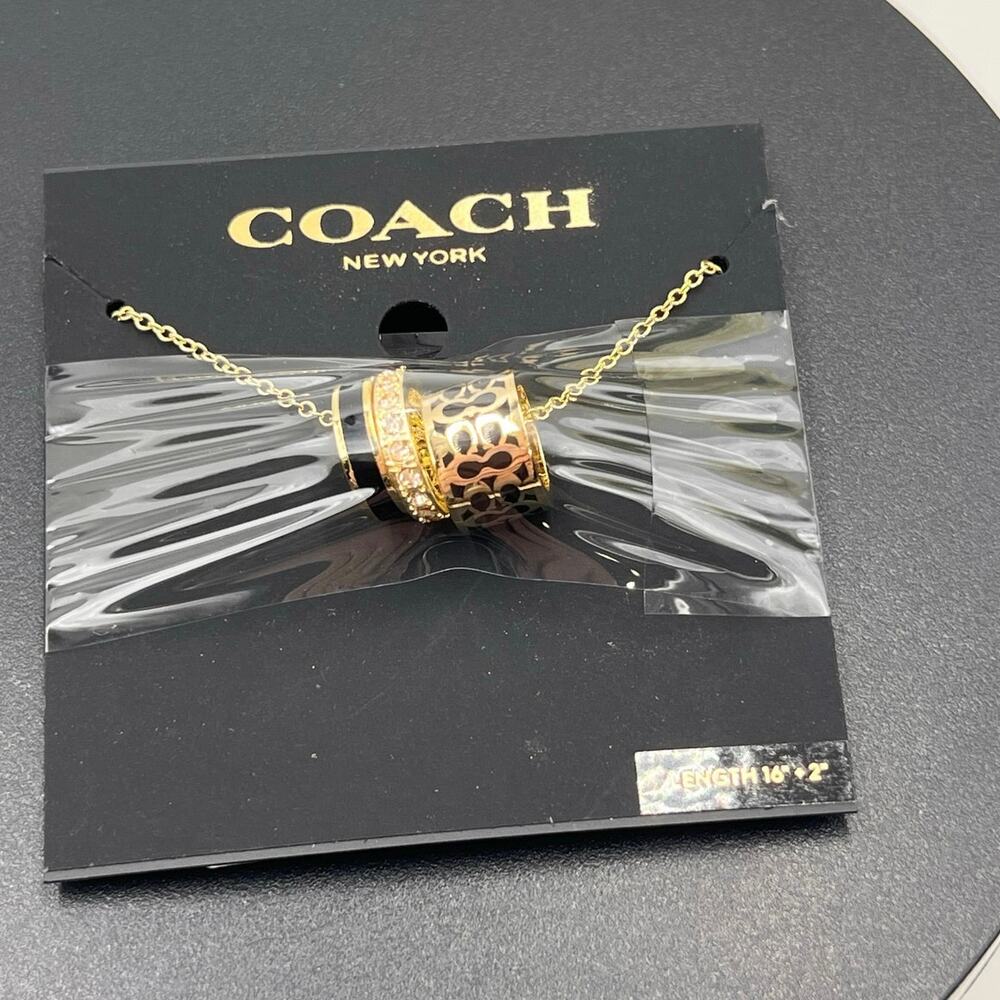 Coach Signature Black Enamel Crystal‎ Rondell Charm Gold Tone Necklace New C1905
